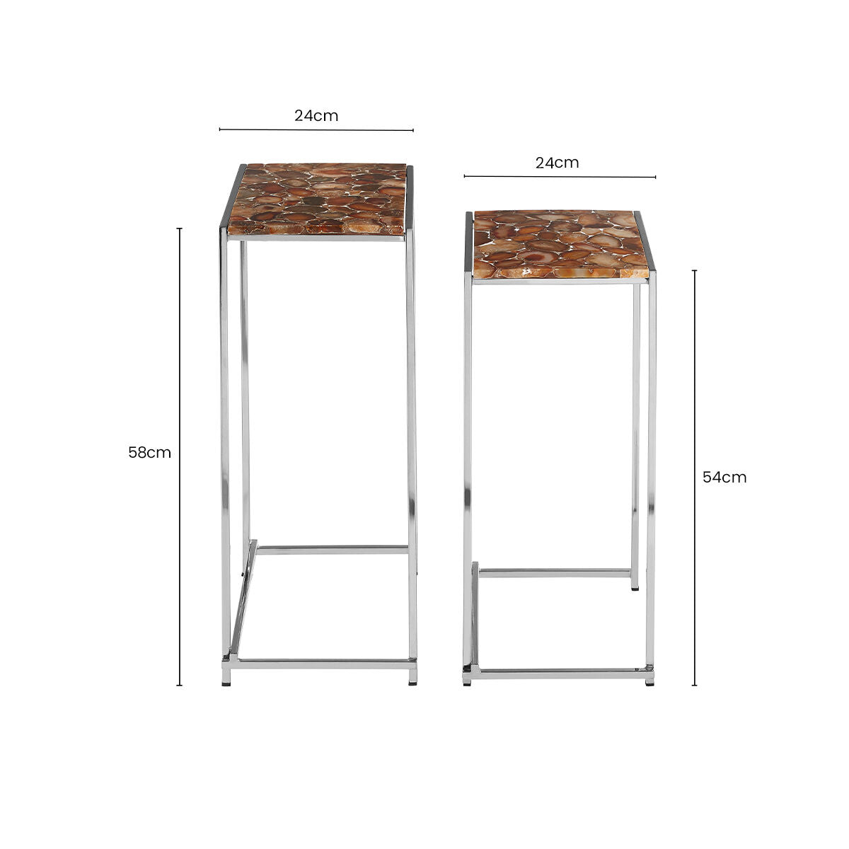 Nest of 2 Side Tables with Natural Agate Onyx Stone Tops and Black Iron Geometric Base | Relic