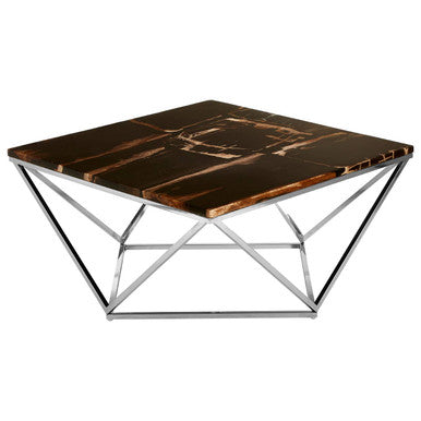 Dark Petrified Wood Top Coffee Table with Prominent Graining and Silver Stainless Steel Frame | Relic