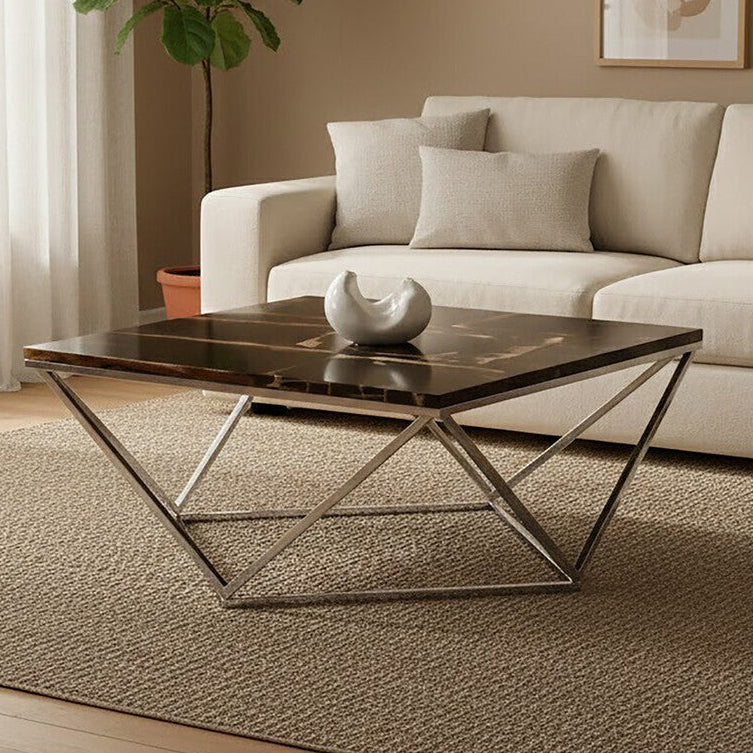 Dark Petrified Wood Top Coffee Table with Prominent Graining and Silver Stainless Steel Frame | Relic