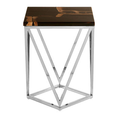 Dark Petrified Wood Side Table with Rustic Grained Top and Silver Stainless Steel Frame | Relic