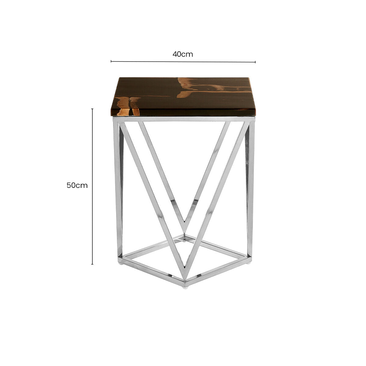 Dark Petrified Wood Side Table with Rustic Grained Top and Silver Stainless Steel Frame | Relic