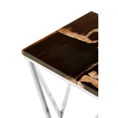 Dark Petrified Wood Side Table with Rustic Grained Top and Silver Stainless Steel Frame, Relic