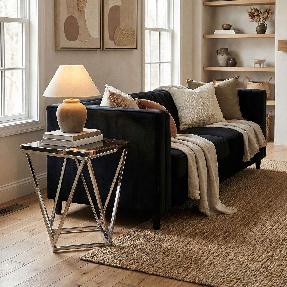 Dark Petrified Wood Side Table with Rustic Grained Top and Silver Stainless Steel Frame, Relic