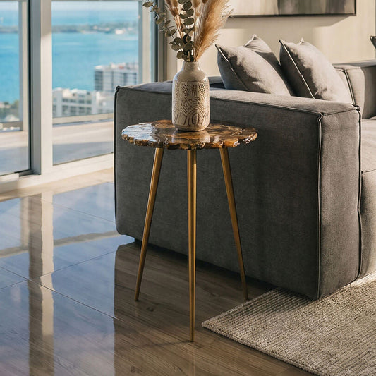 Natural Boho Patterned Agate Top Round Side Table Brass Finish Legs, Relic