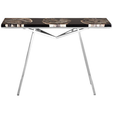 Black Resin and Wooden Console Table with Sleek Stainless Steel Silver Legs, Relic