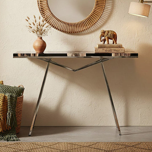 Black Resin and Wooden Console Table with Sleek Stainless Steel Silver Legs, Relic