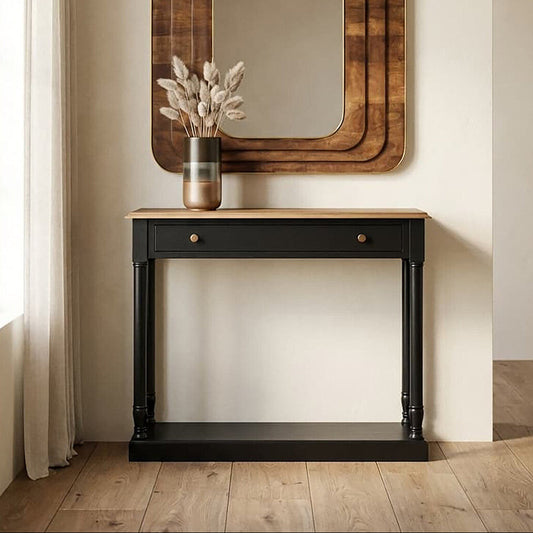 Natural Wooden Top and Black Bayur Wood 1-Drawer Console Table with Brass Handles, Loire