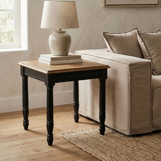 Black Side Table with Textured Bayur Wood and Carved Detail, Loire