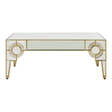 Antique Motif Mirrored Glass Coffee Table with Natural Gold Tone Border, Knightsbridge