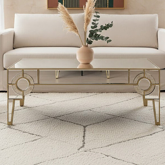 Antique Motif Mirrored Glass Coffee Table with Natural Gold Tone Border, Knightsbridge