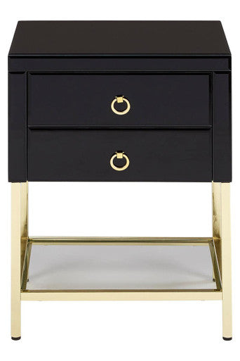 Gloss Black Wooden Cabinet Side Table with 2 Drawers and Gold Metal Frame, Kensington Townhouse