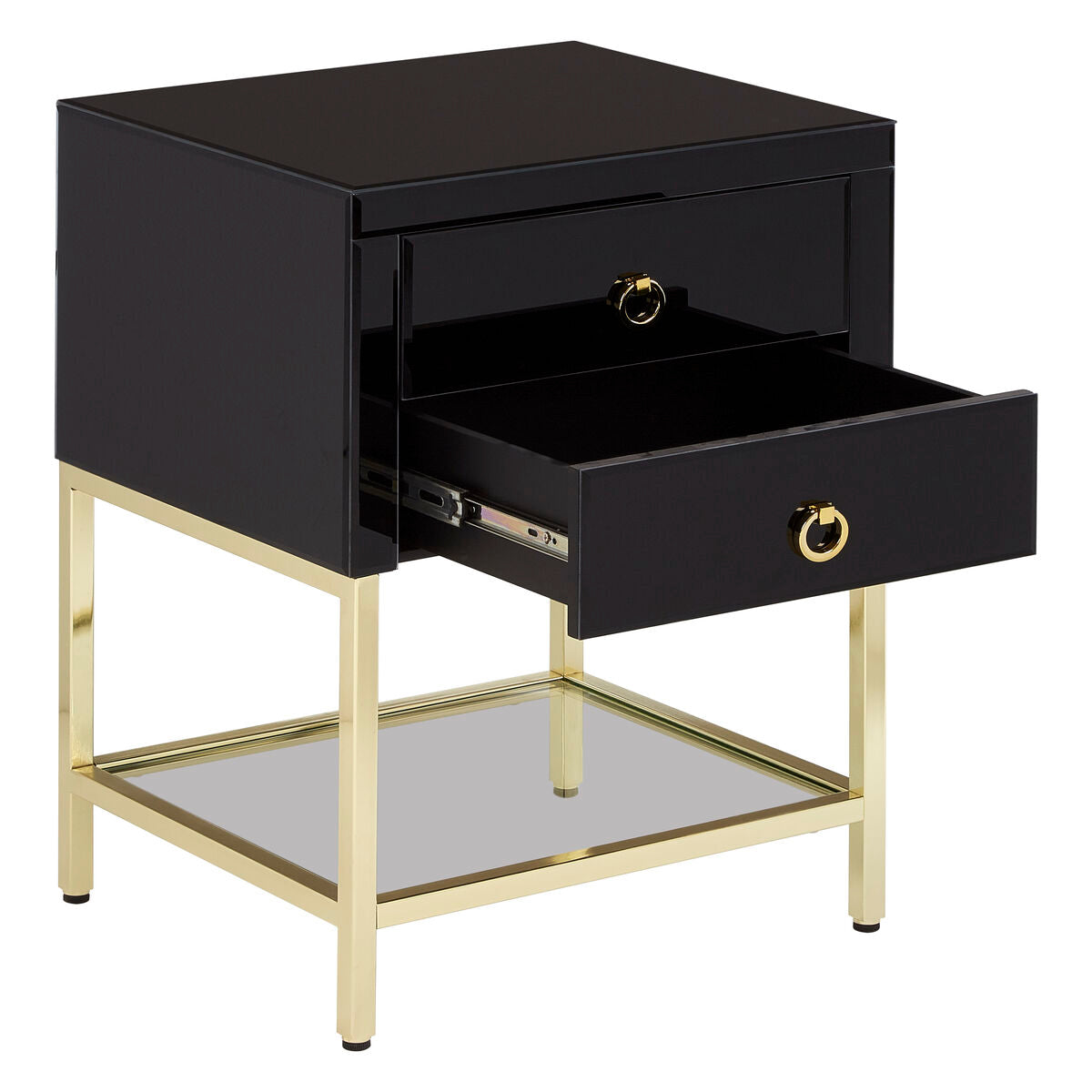 Gloss Black Wooden Cabinet Side Table with 2 Drawers and Gold Metal Frame, Kensington Townhouse