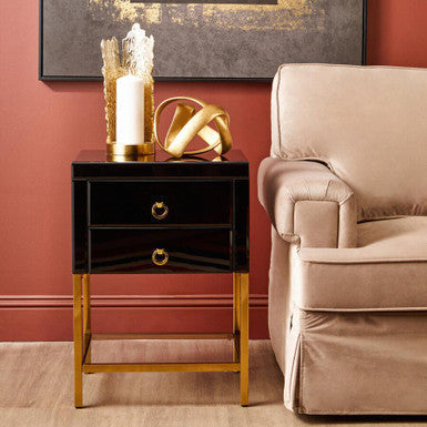 Gloss Black Wooden Cabinet Side Table with 2 Drawers and Gold Metal Frame, Kensington Townhouse