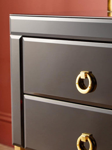 Gloss Black Wooden Cabinet Side Table with 2 Drawers and Gold Metal Frame, Kensington Townhouse