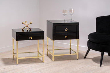 Gloss Black Wooden Cabinet Side Table with 2 Drawers and Gold Metal Frame, Kensington Townhouse