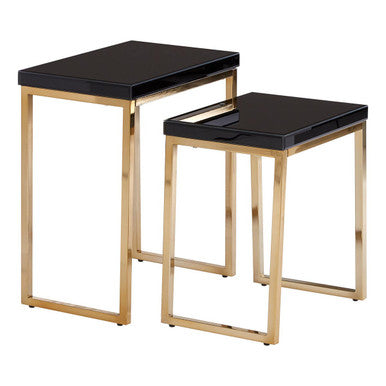 Set of 2 Glossy Black Tops Wooden Nesting Tables with Gold Finish Iron Base, Kensington Townhouse
