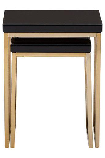 Set of 2 Glossy Black Tops Wooden Nesting Tables with Gold Finish Iron Base, Kensington Townhouse