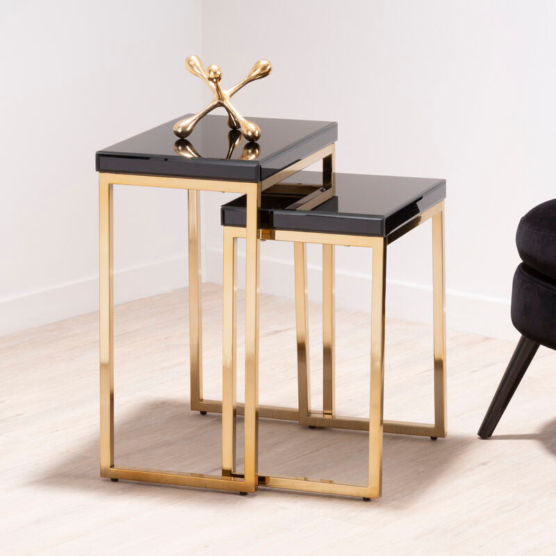 Set of 2 Glossy Black Tops Wooden Nesting Tables with Gold Finish Iron Base, Kensington Townhouse