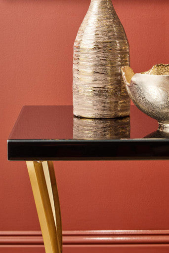 Black Mirror Glass Top and Wooden Side Table with Reflective Gold Curved Iron Legs | Kensington Townhouse