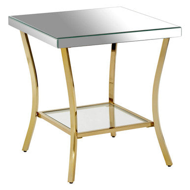 Glossy Black Top Mirror Side Table with Reflective Gold Curved Iron Legs | Kensington Townhouse
