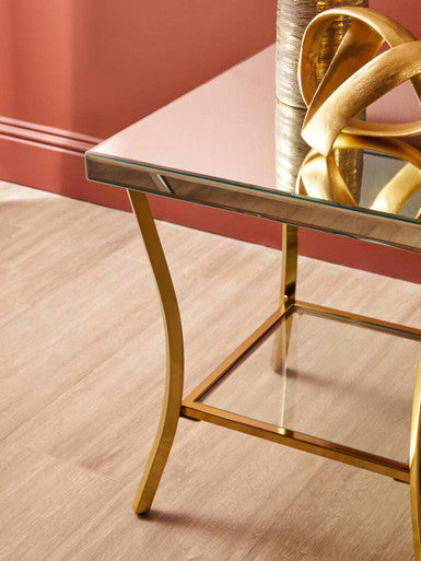 Glossy Black Top Mirror Side Table with Reflective Gold Curved Iron Legs | Kensington Townhouse