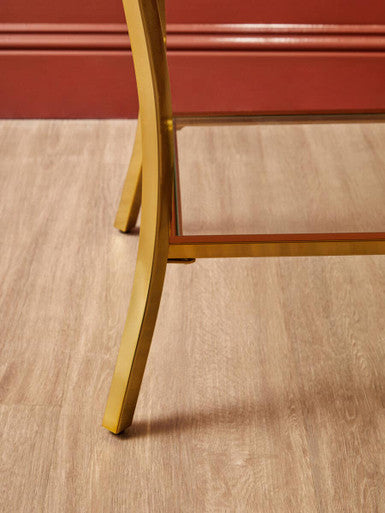 Glossy Black Top Mirror Side Table with Reflective Gold Curved Iron Legs | Kensington Townhouse