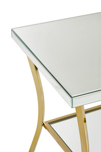 Glossy Black Top Mirror Side Table with Reflective Gold Curved Iron Legs | Kensington Townhouse