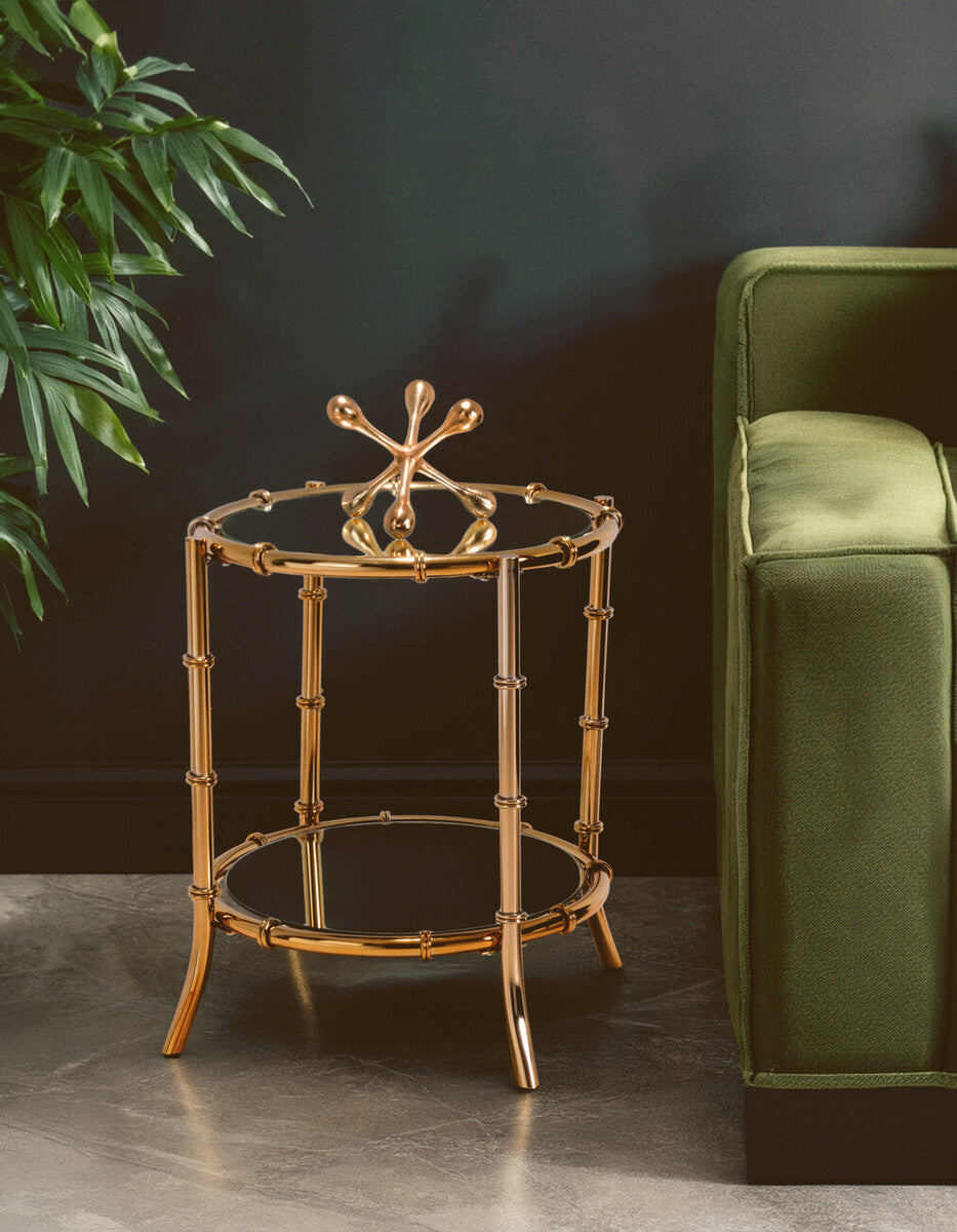 Clear Mirrored Top Side Table with Ring Clasp Detail and Gold Finish Iron Base | Kensington Townhouse