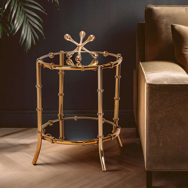 Clear Mirrored Top Side Table with Ring Clasp Detail and Gold Finish Iron Base | Kensington Townhouse