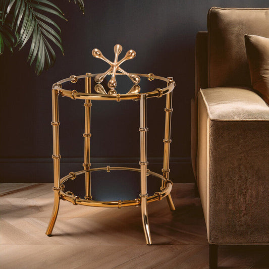 Clear Mirrored Top Side Table with Ring Clasp Detail and Gold Finish Iron Base, Kensington Townhouse
