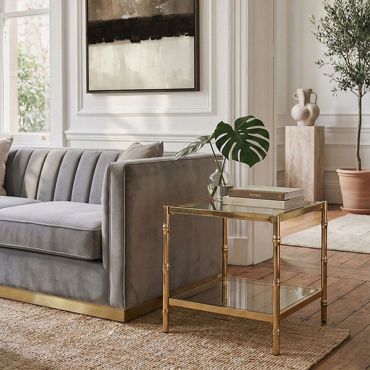 Clear Mirrored Two-Tier Square Side Table with Gold Finish Iron Frame | Kensington Townhouse