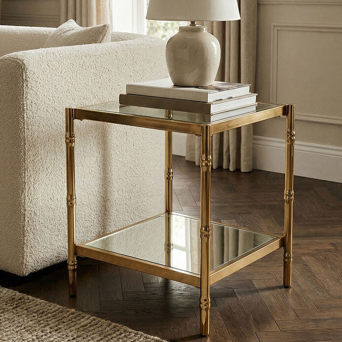 Clear Mirrored Two-Tier Square Side Table with Gold Finish Iron Frame | Kensington Townhouse