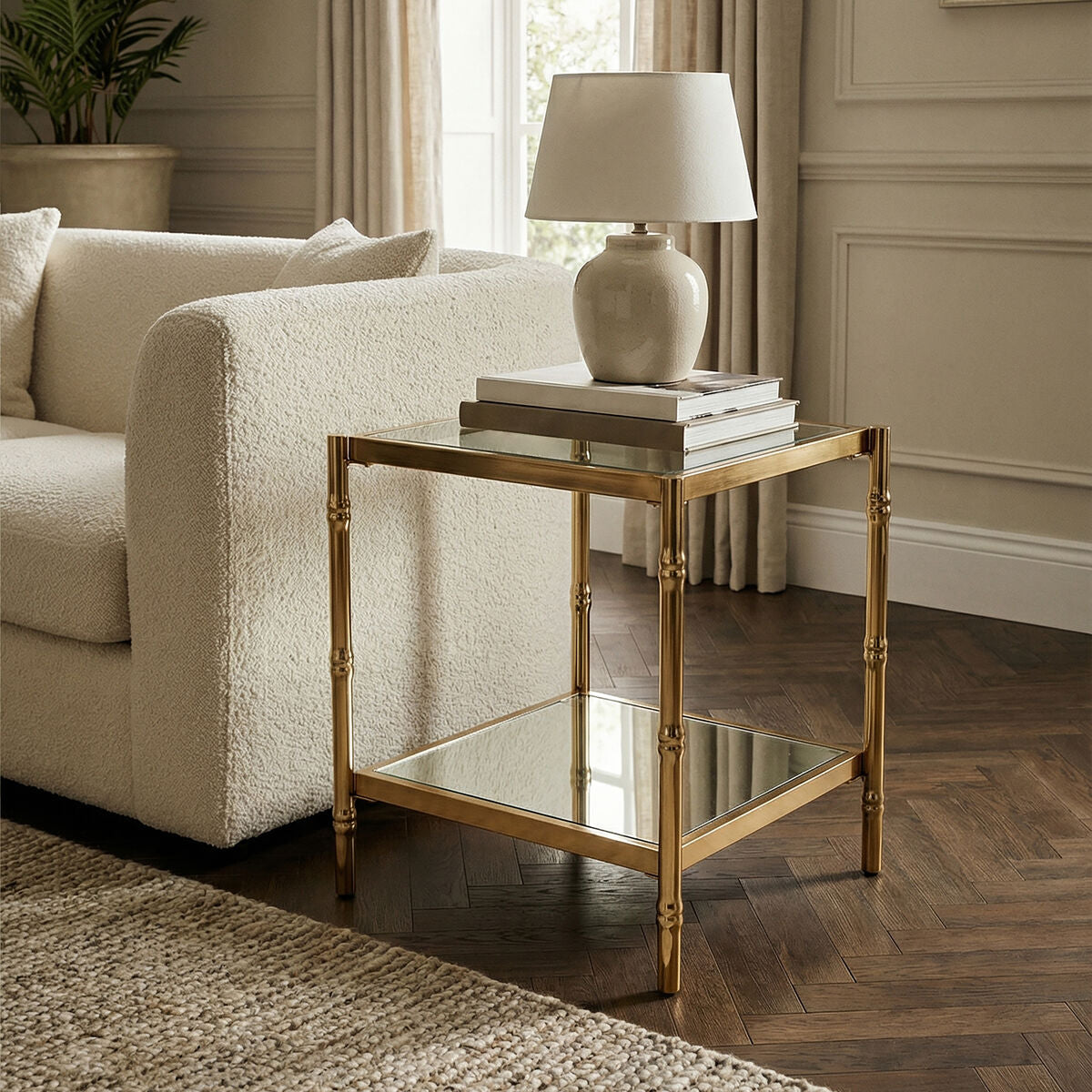 Clear Mirrored Two-Tier Square Side Table with Gold Finish Iron Frame | Kensington Townhouse