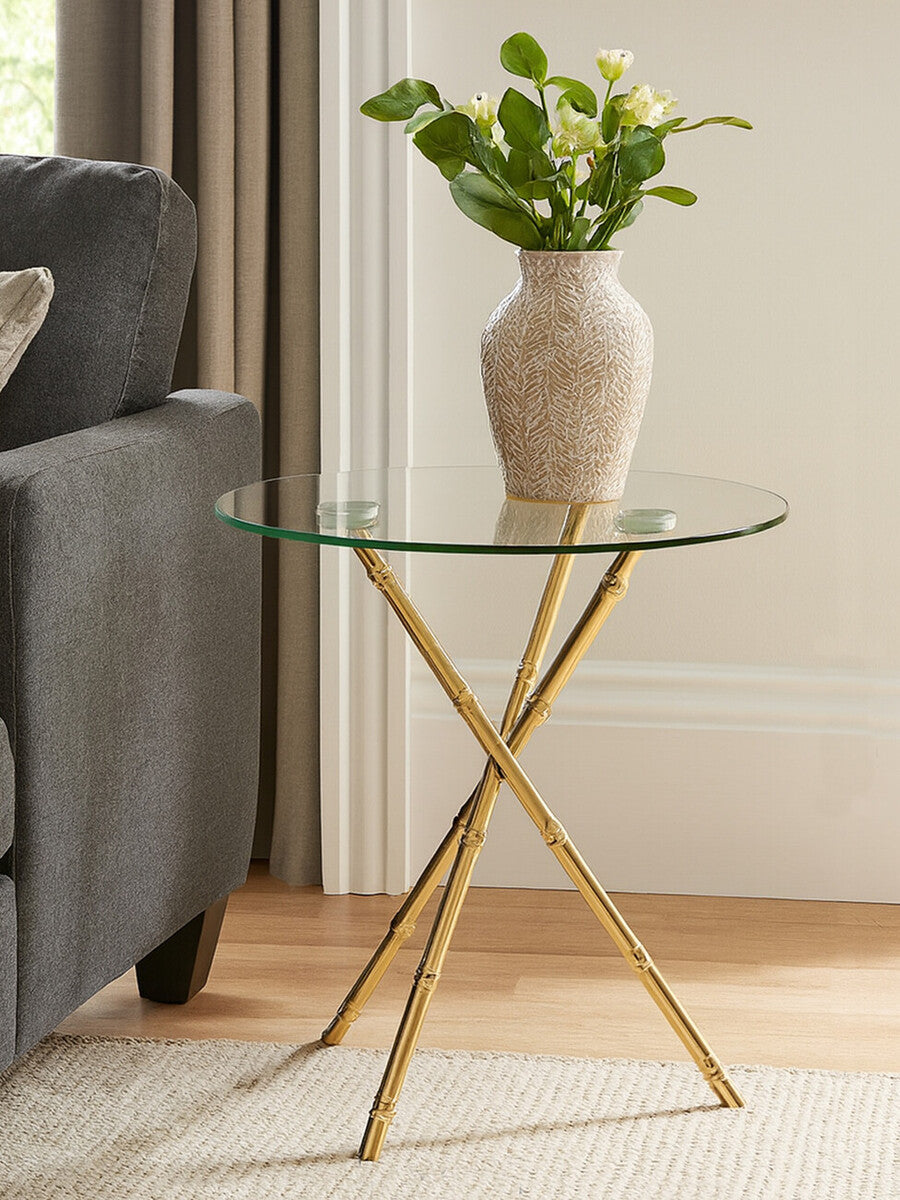 Clear Glass Top Side Table with Gold Bamboo Style Legs | Kensington Townhouse
