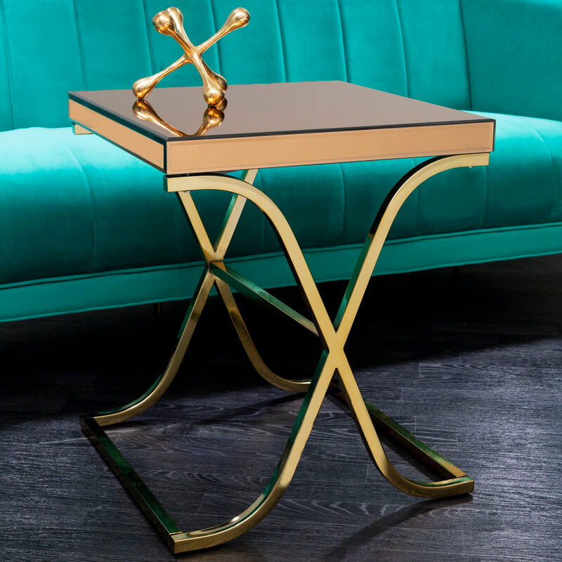 Brown Square Glass Top Side Table with Gold Finish Metallic X-Shaped Base, Kensington Townhouse