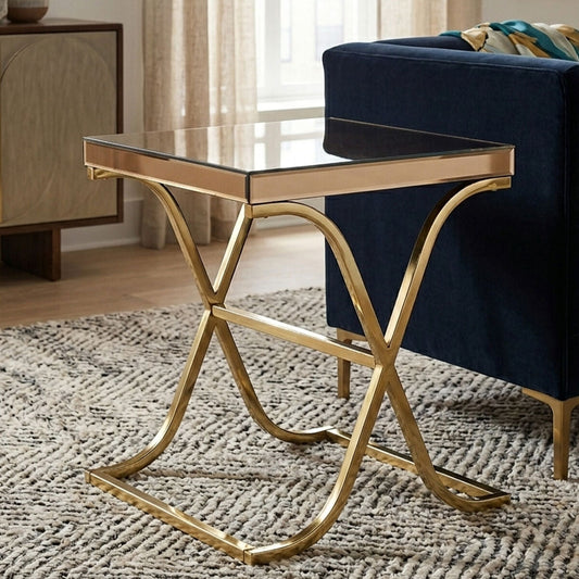 Brown Square Glass Top Side Table with Gold Finish Metallic X-Shaped Base, Kensington Townhouse