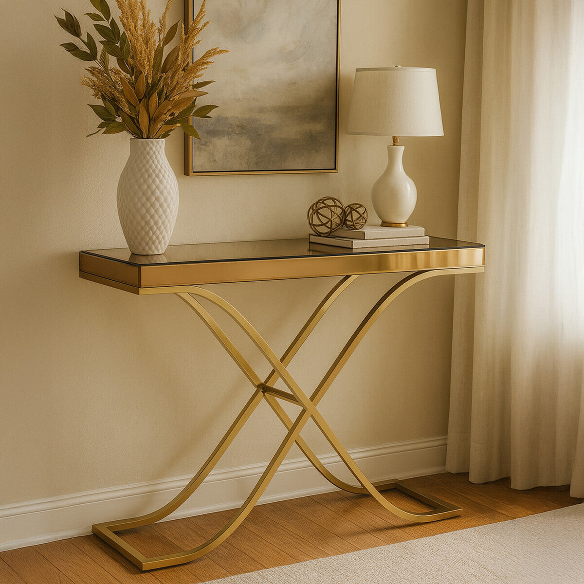 Brown Glass Top Console Table with Gold Iron Frame, Kensington Townhouse