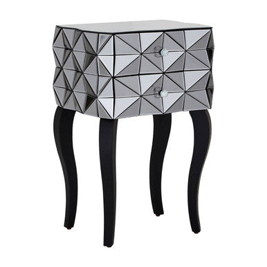Silver Smoked 3D Geometric Glass Front 2-Drawer Bedside Table with Cut Glass Handles and Cabriole Legs | Soho