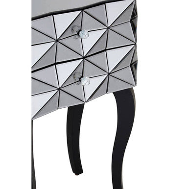 Silver Smoked 3D Geometric Glass Front 2-Drawer Bedside Table with Cut Glass Handles and Cabriole Legs | Soho