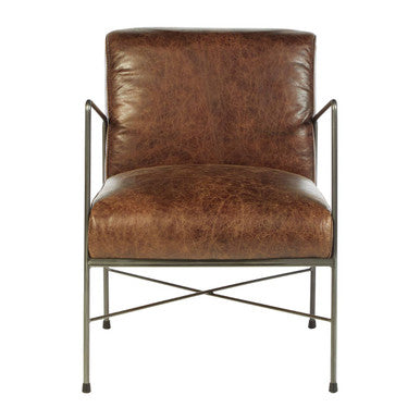 Hoxton Brown Leather Lounge Chair with Iron Cross Frame