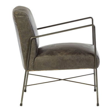 Hoxton Grey Leather Lounge Chair with Iron Cross Frame