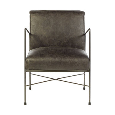 Hoxton Grey Leather Lounge Chair with Iron Cross Frame