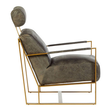Hoxton Grey Leather Lounge Chair with Rose Gold Finish Iron Frame