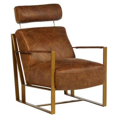 Hoxton Light Brown Leather Lounge Chair with Rose Gold Finish Iron Frame