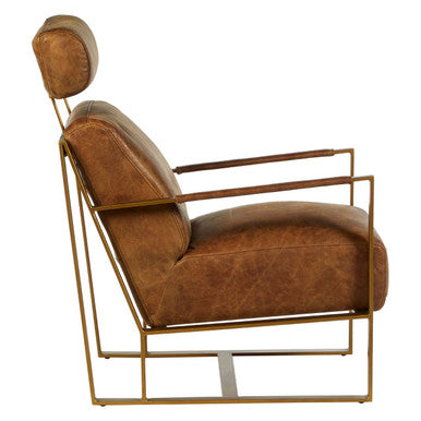 Hoxton Light Brown Leather Lounge Chair with Rose Gold Finish Iron Frame