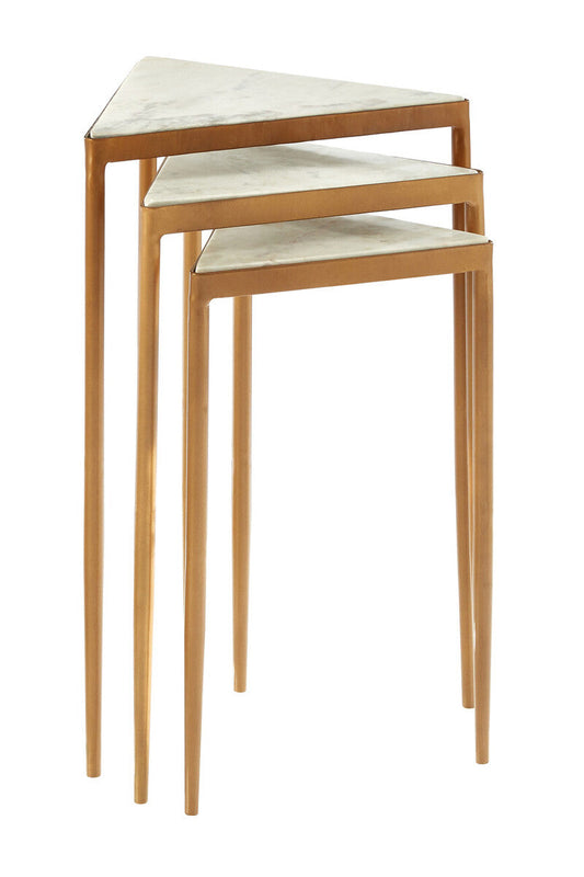 Set of 3 Triangle White Marble Top Nesting Tripod Tables Gold Legs, Kensington Townhouse