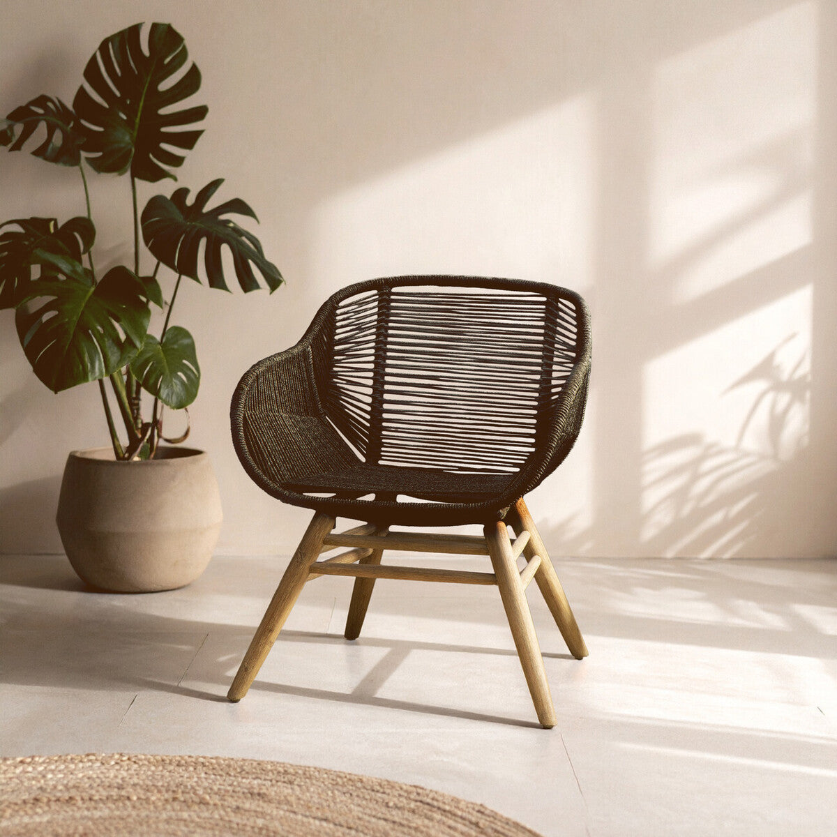 Sisal Black Rope Armchair with Natural Wood Legs