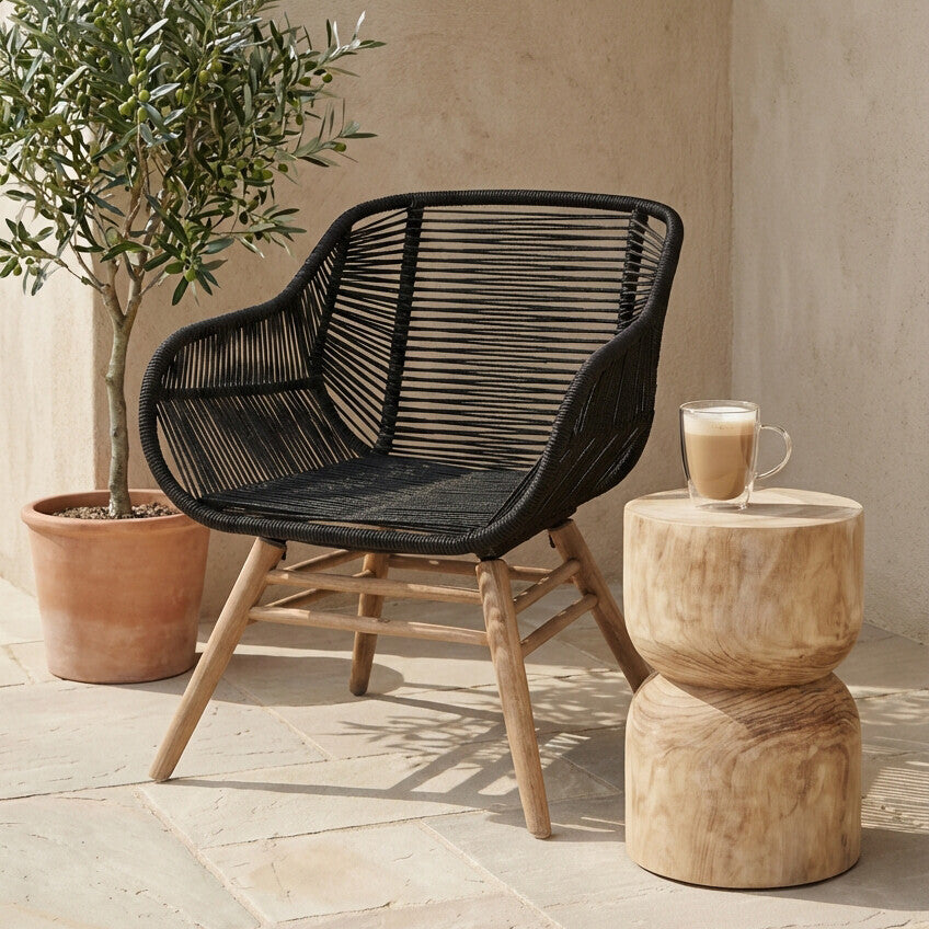 Sisal Black Rope Armchair with Natural Wood Legs