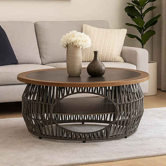 Grey Stone and Natural Wood Top Coffee Table with Rope Base, Opus