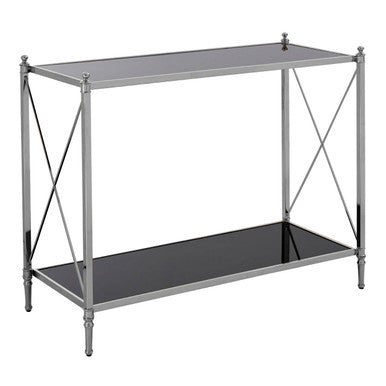 Black Mirrored Glass Two-Tier Console Table with Silver Nickel Finish Frame | Hoffmann